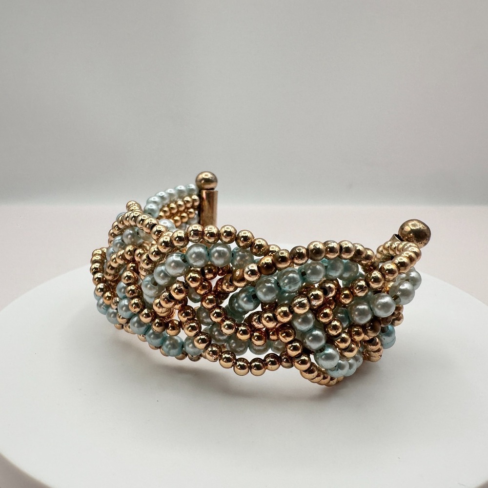 Vintage 90s Gold Tone Blue Faux Pearl Beaded Cuff Bracelet Boho Statement